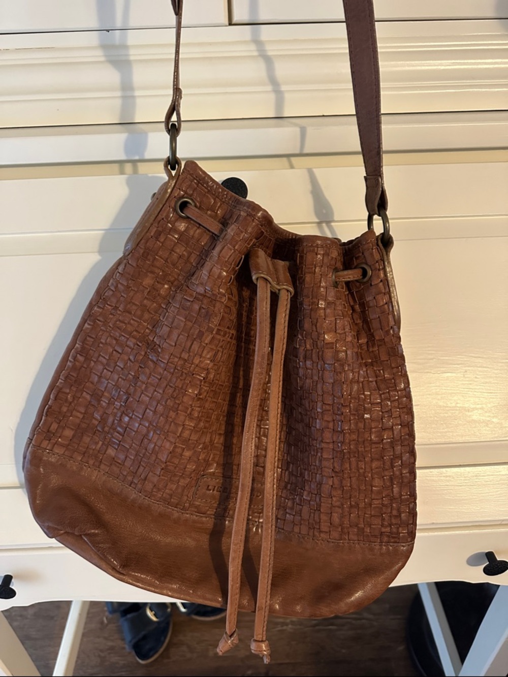Liebeskind Woven Drawstring Crossbody Bag in Cognac Brown - Picture 12 of 14